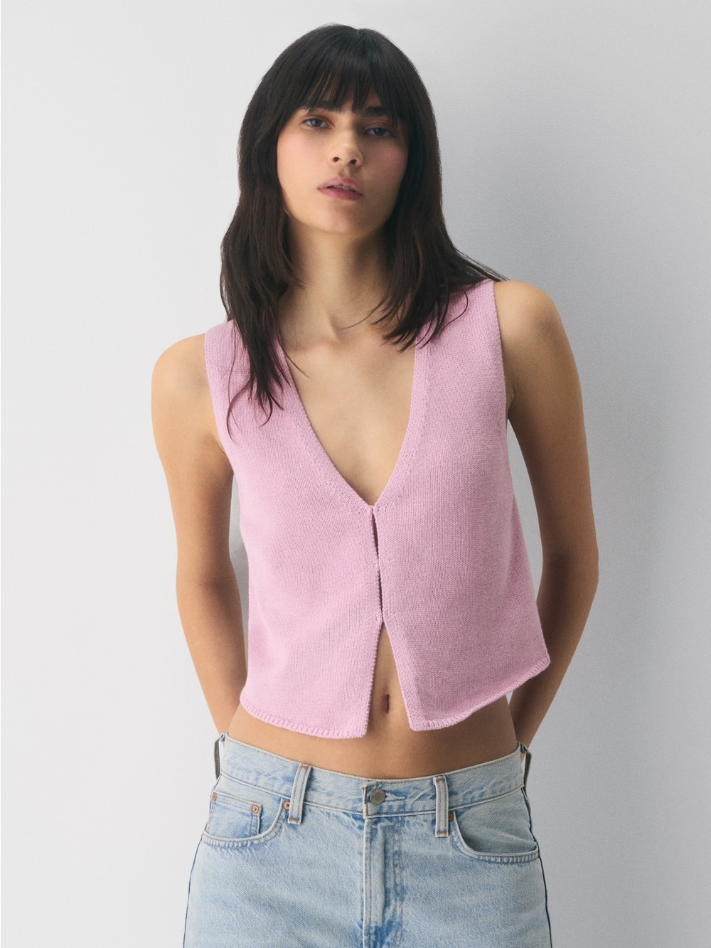 Aritzia Wilfred Cotton Basque Sleeveless V-Neck Pink Knit Sweater Vest XXS-XS